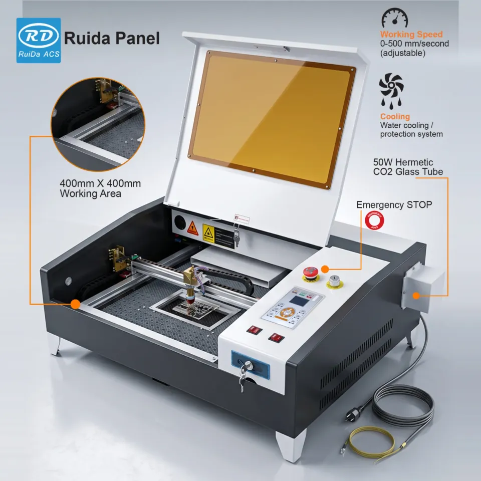 50W CO2 Laser Cutter & Engraver – 400 × 400 mm, Ruida Controller