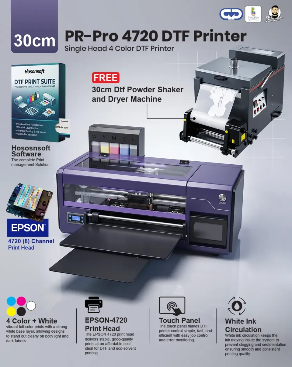 PR-Pro 4720 - 30cm DTF Printer – Single Head 4 Color with Powder Shaker Unit