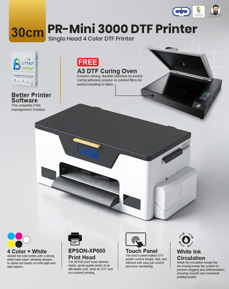 PR-Mini 3000 - 30cm DTF Printer – Single Head 4 Color with Curing Oven