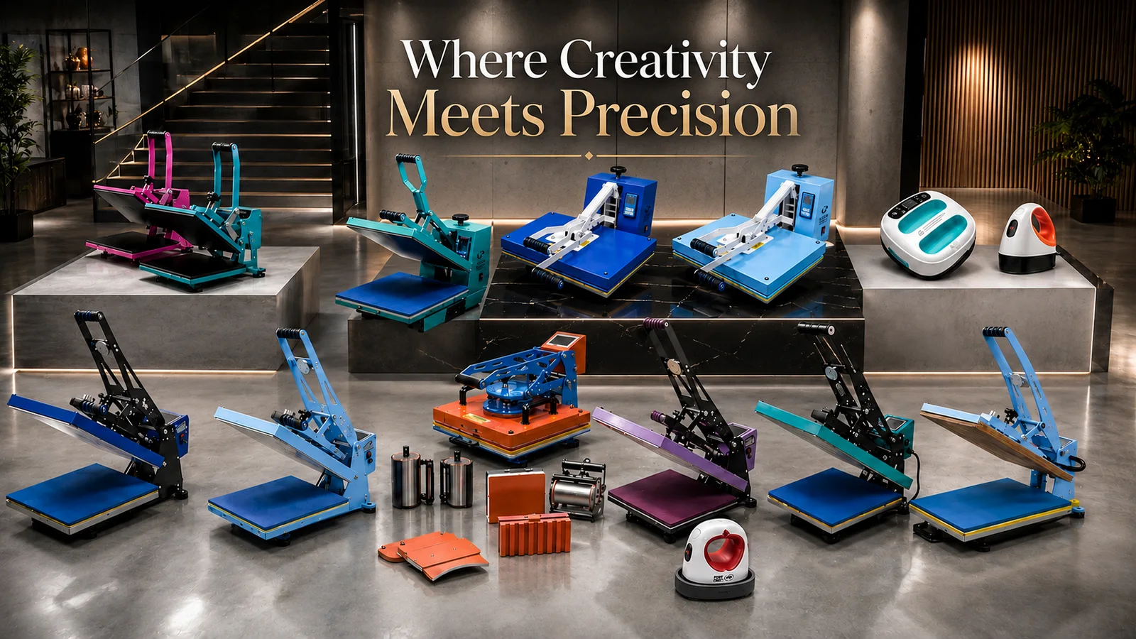 Where Creativity Meets Precision — flat-bed, swing-away, mug and cap heat press machines on display in the Print Right showroom