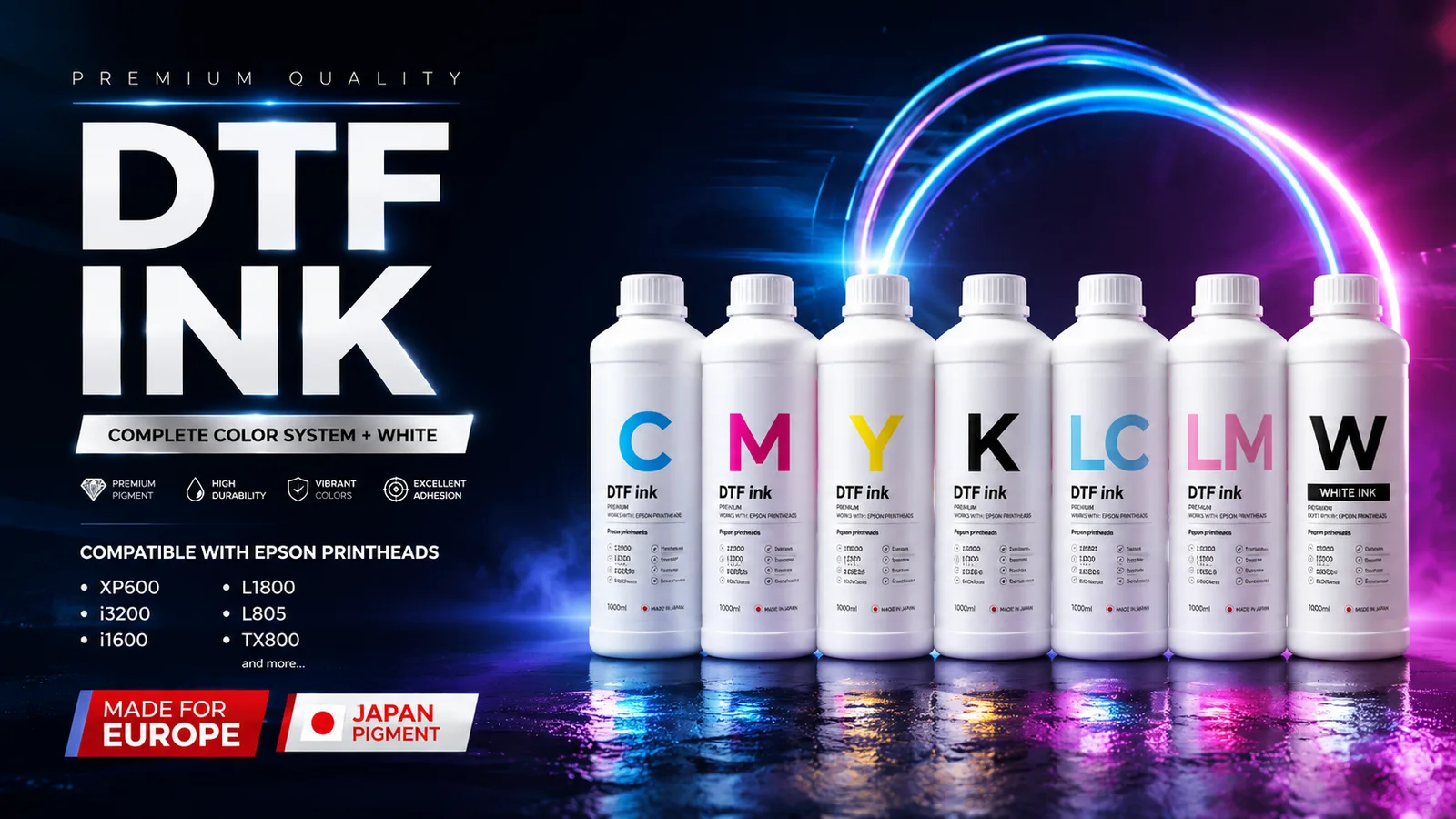 Premium quality DTF ink — complete colour system plus white, C M Y K LC LM W, compatible with Epson XP600, i3200, i1600, L1800, L805 and TX800 printheads
